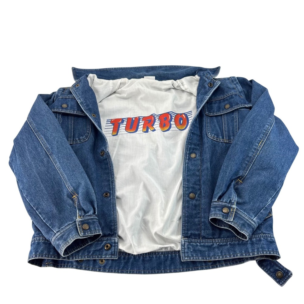 Vintage Turbo‎ Graphic Lined Denim Trucker Jacket Blue Medium Wash Size S/16